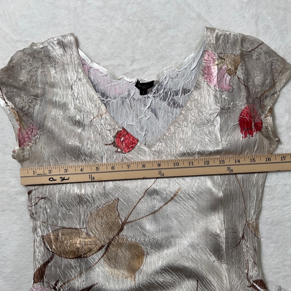Komarov Satin Crinkle Mesh Lace V-Neck Dress Women Sz L Cream Floral Cap Sleeve - Picture 7 of 9